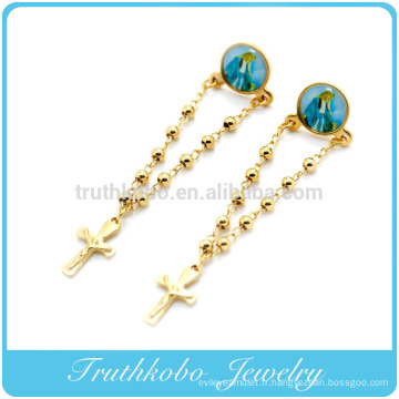 TKB-E0023 chapelet de style catholique chapelet de bijoux avec Vierge Marie et croix en acier inoxydable 316L boucles d&#39;oreilles pendantes en or pour femmes